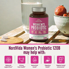 NordVida probiotics and prebiotics matrix illustrating gut and vaginal balance.