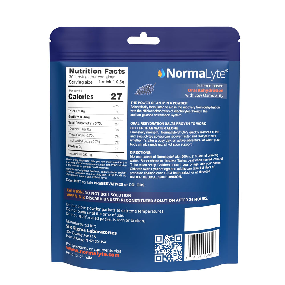 Measuring scoop beside NormaLyte Grape powder highlights precise dosing.