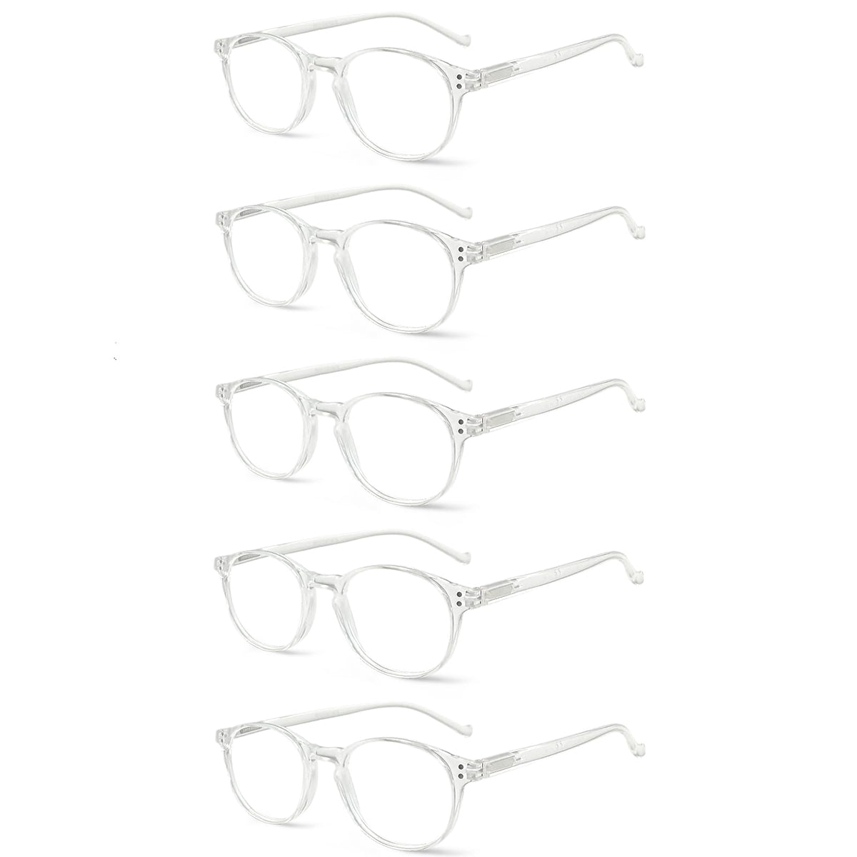 NORPERWIS 5-pack reading glasses with transparent frames for near-vision tasks.