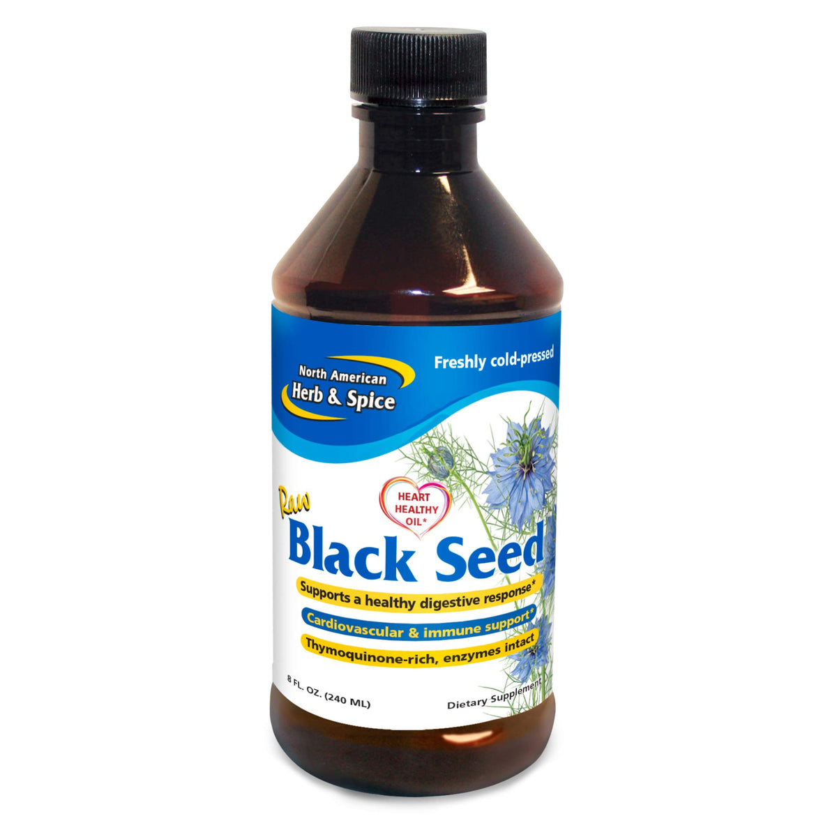 North American Herb & Spice black seed oil bottle for daily use and potential digestive support.
