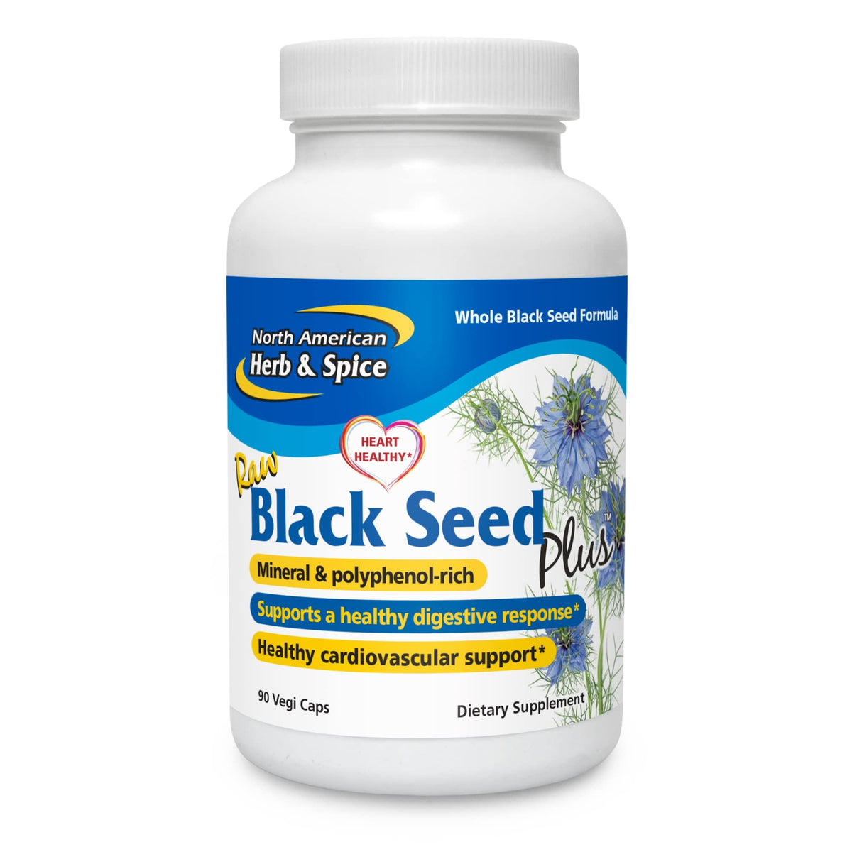 North American Herb & Spice Black Seed Plus bottle with capsules for daily heart, immune, and digestive support.