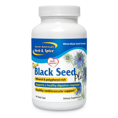 North American Herb & Spice Black Seed Plus bottle with capsules for daily heart, immune, and digestive support.