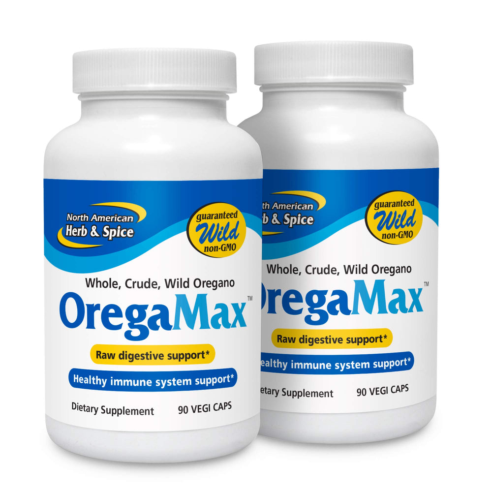 OregaMax bottle with pour cap from North American Herb & Spice for easy daily immune and digestive support.