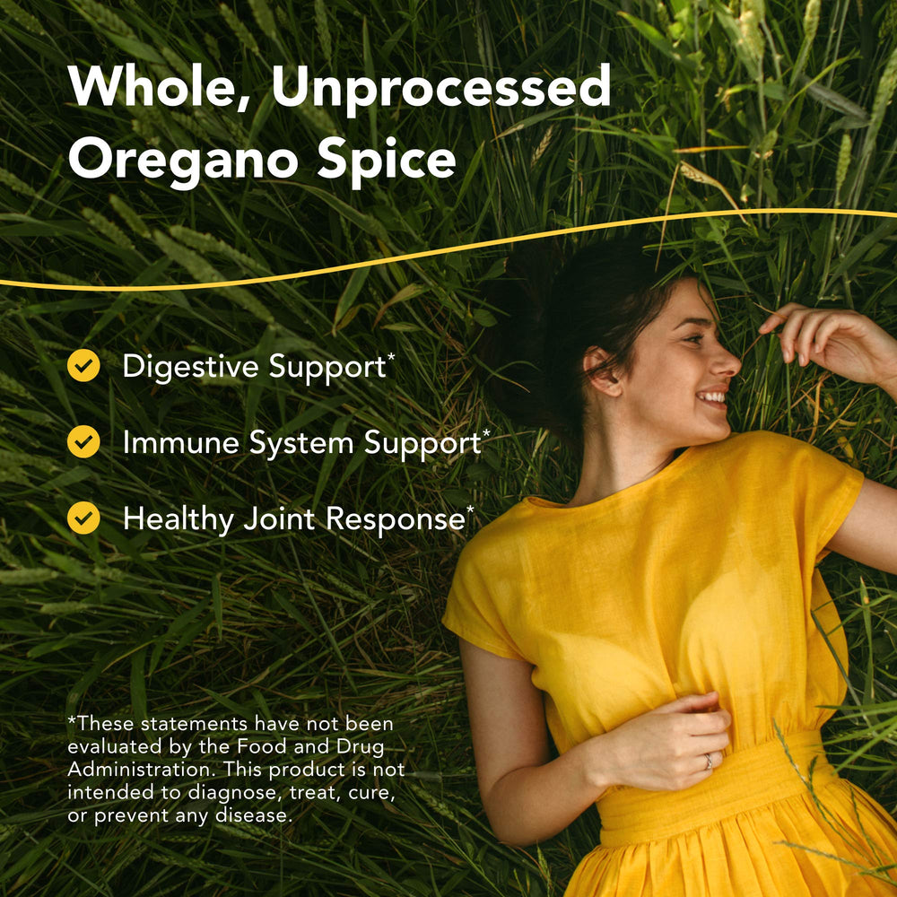 OregaMax capsules close-up highlighting raw wild oregano and herbs