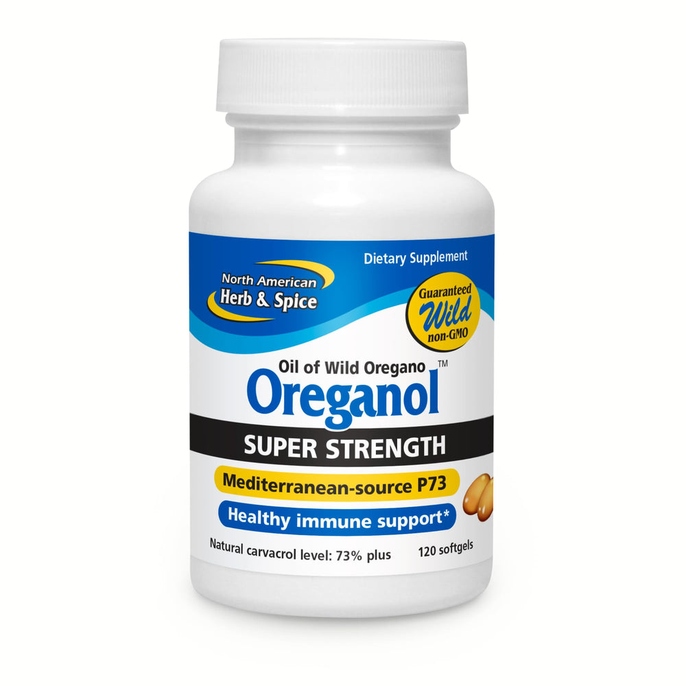 North American Herb and Spice Oreganol P73 bottle close-up for daily immune wellness.