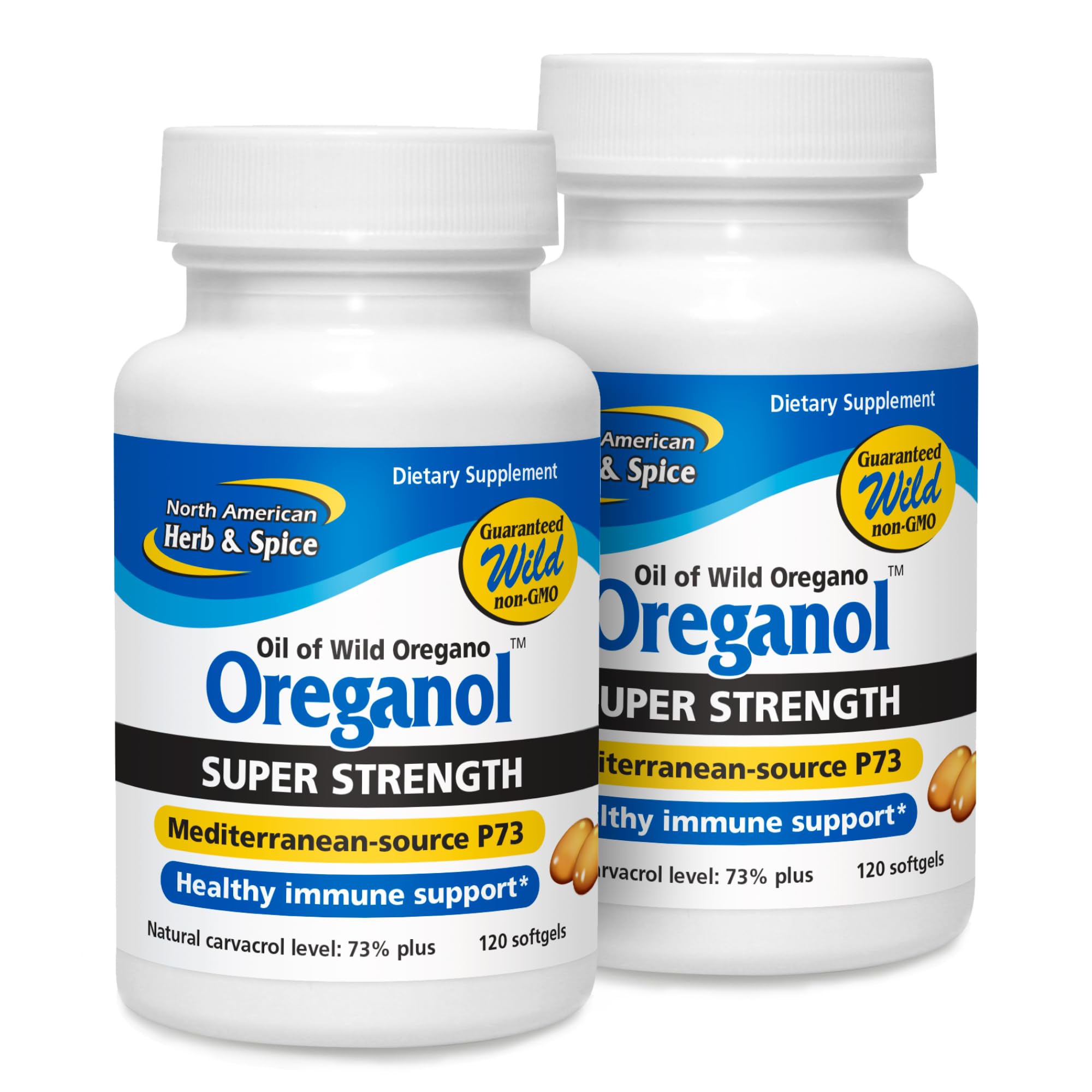 North American Herb & Spice Oreganol P73 bottle, showing full-spectrum oregano for daily support.