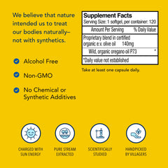 North American Herb and Spice Oreganol P73 olive oil base bottle showing clean ingredients.