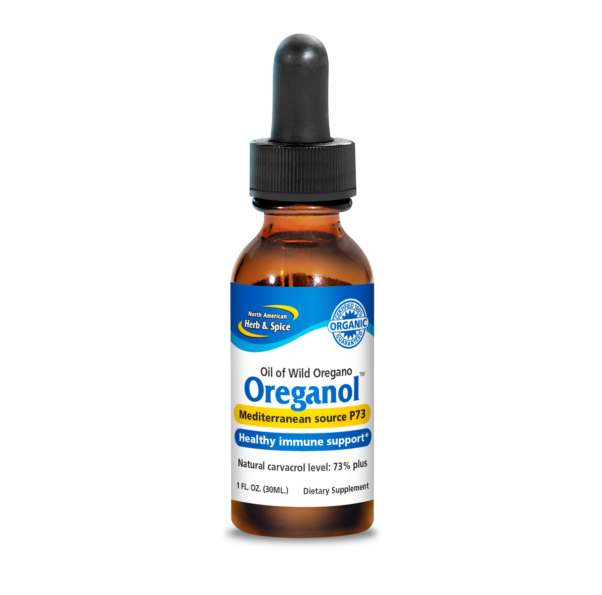 North American Herb & Spice Oreganol bottle front highlighting unprocessed oregano oil for daily use