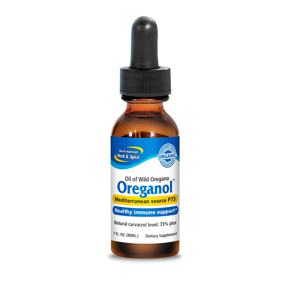North American Herb & Spice Oreganol bottle front highlighting unprocessed oregano oil for daily use