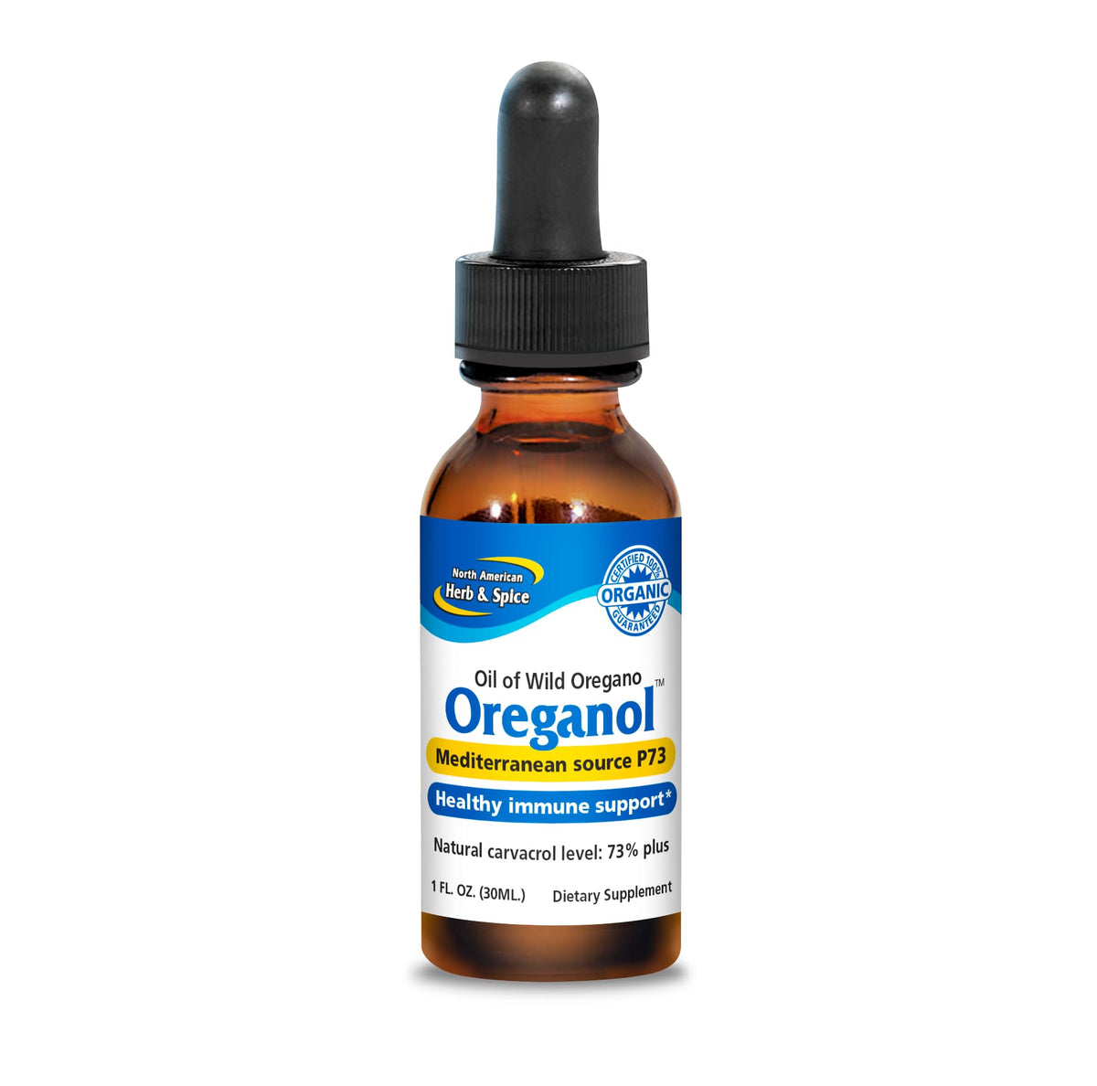 North American Herb & Spice Oreganol bottle front highlighting unprocessed oregano oil for daily use