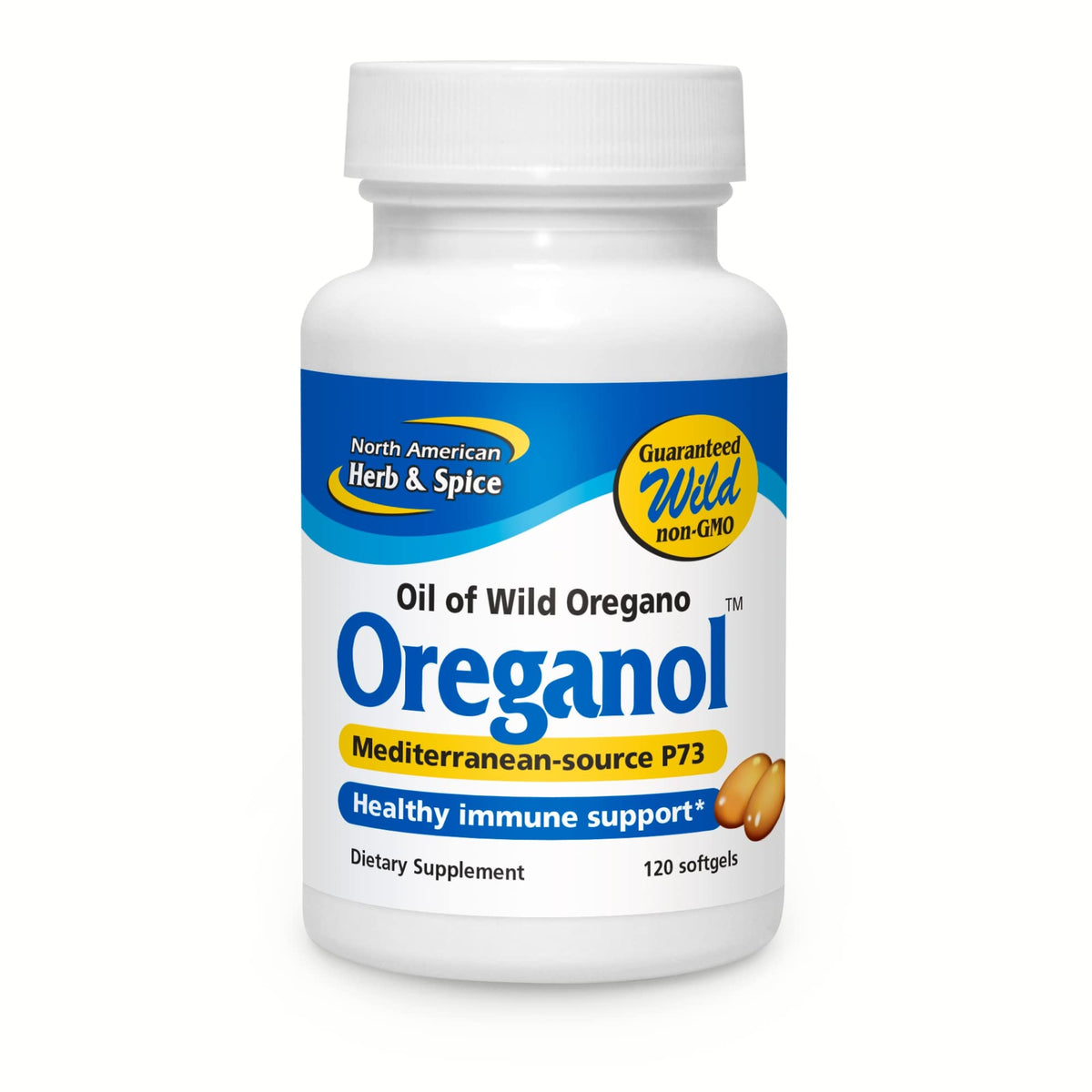 NORTH AMERICAN HERB & SPICE Oreganol P73 bottle front, daily wellness support