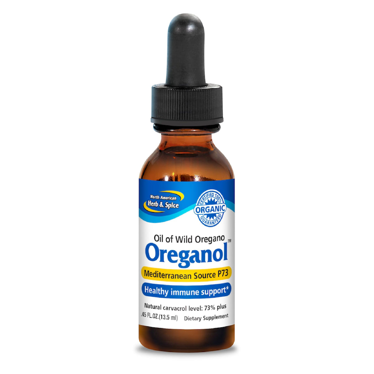 North American Herb and Spice Oreganol P73 bottle showing wild oregano oil for daily use.