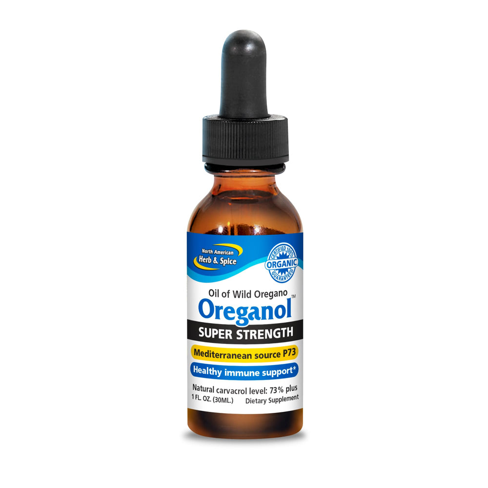 North American Herb & Spice Oreganol P73 bottle highlighting full-spectrum oregano oil for versatile use.