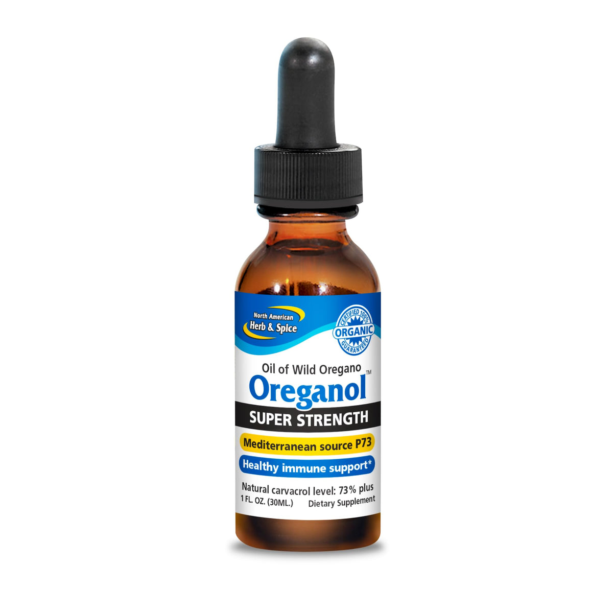 North American Herb & Spice Oreganol P73 bottle highlighting full-spectrum oregano oil for versatile use.