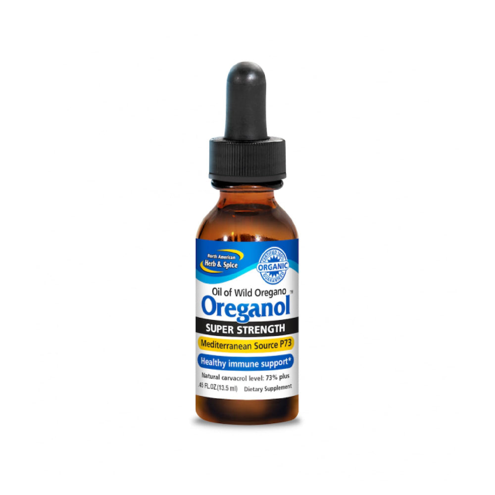 North American Herb & Spice Oreganol Super Strength bottle front highlights pure oregano oil for daily use