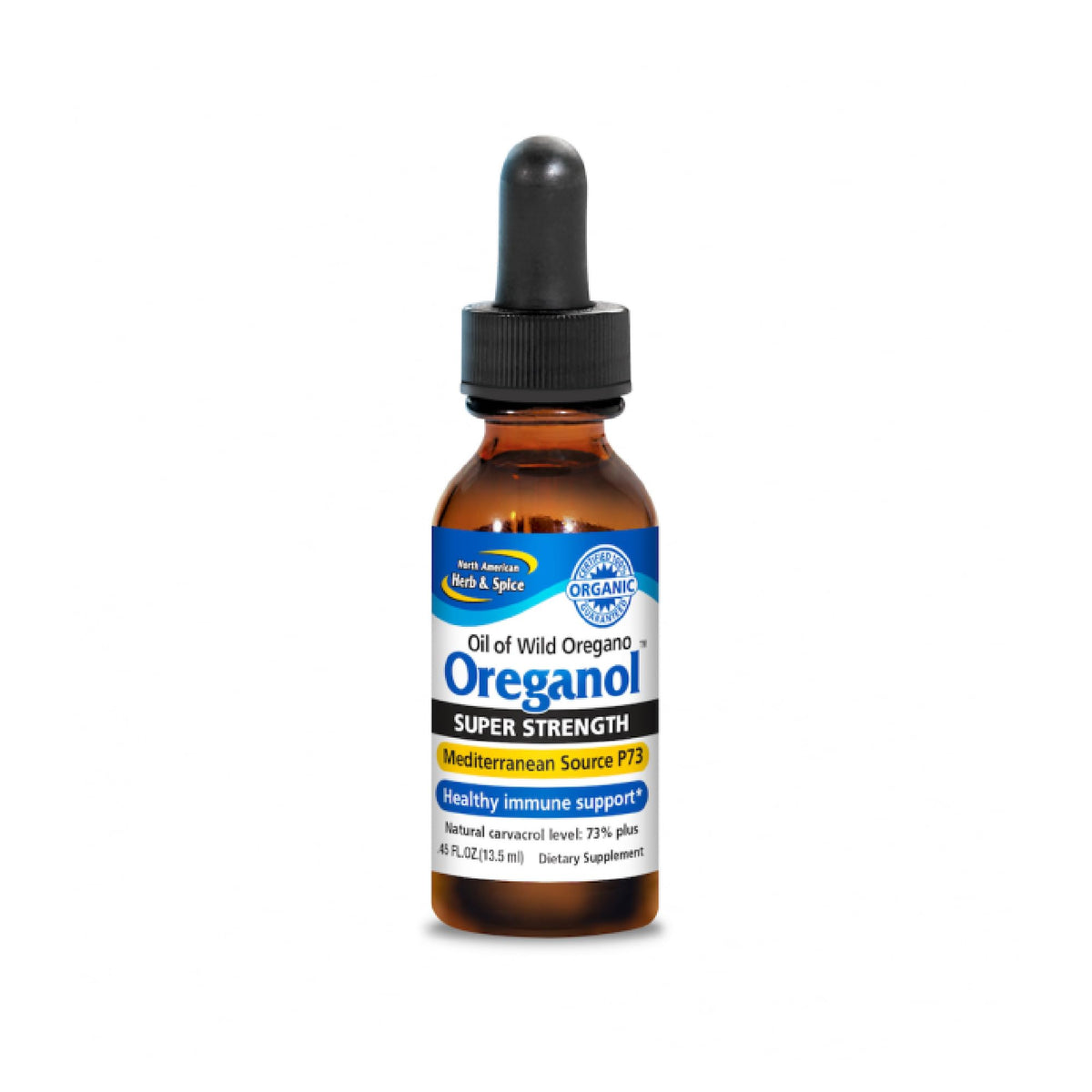 North American Herb & Spice Oreganol Super Strength bottle front highlights pure oregano oil for daily use