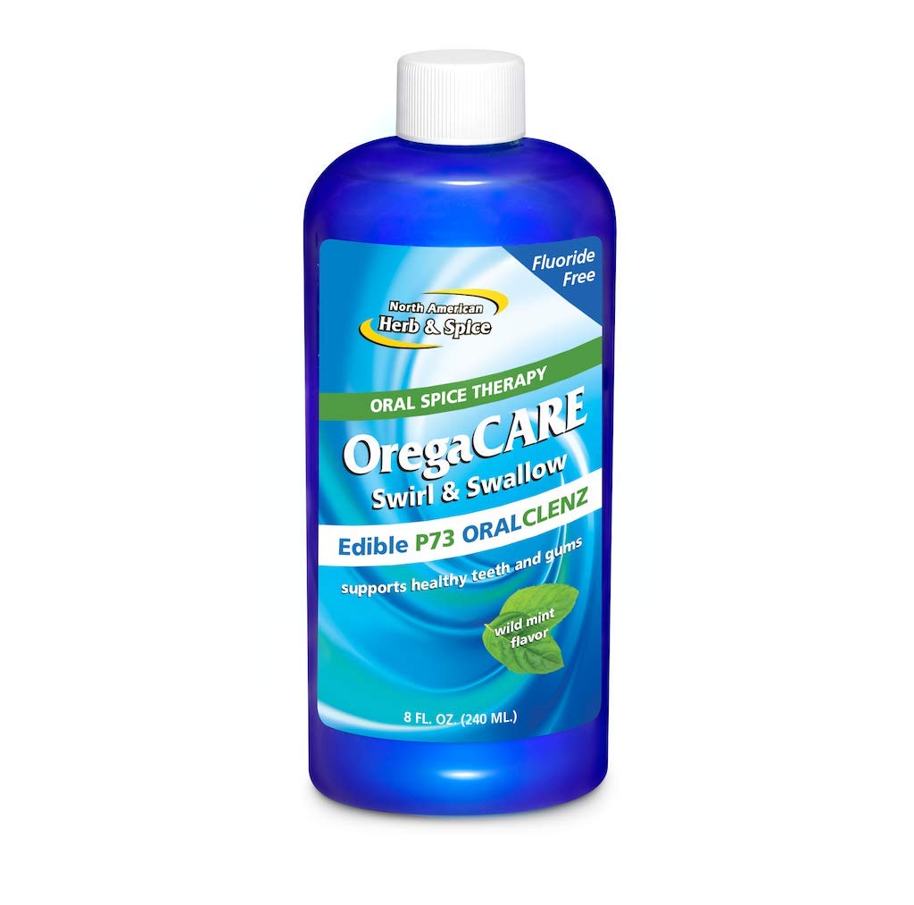 North American Herb and Spice OregaCARE Swirl and Swallow bottle front for fresh breath.