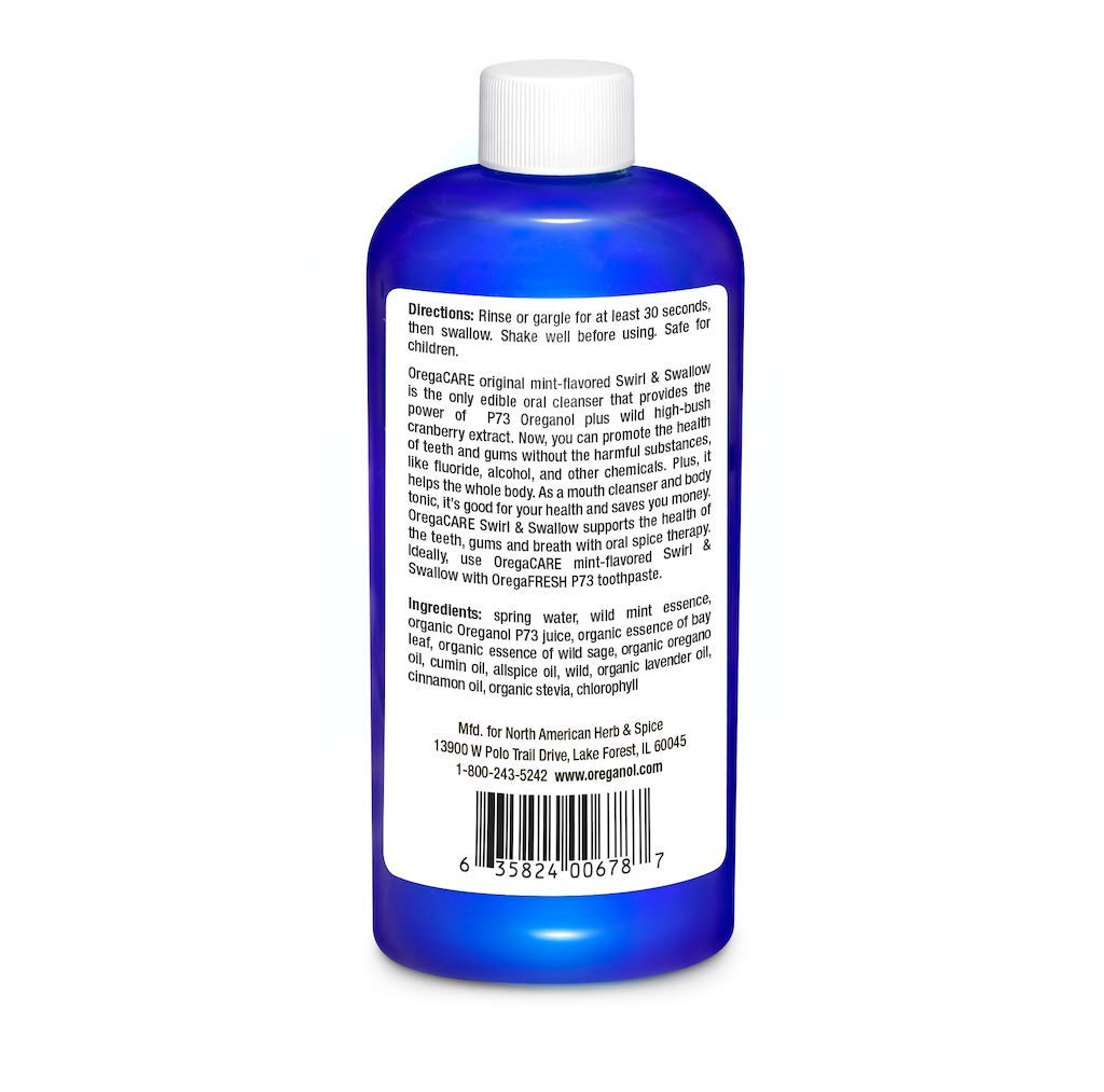 North American Herb and Spice OregaCARE Swirl and Swallow bottle pour for quick mint refreshment.