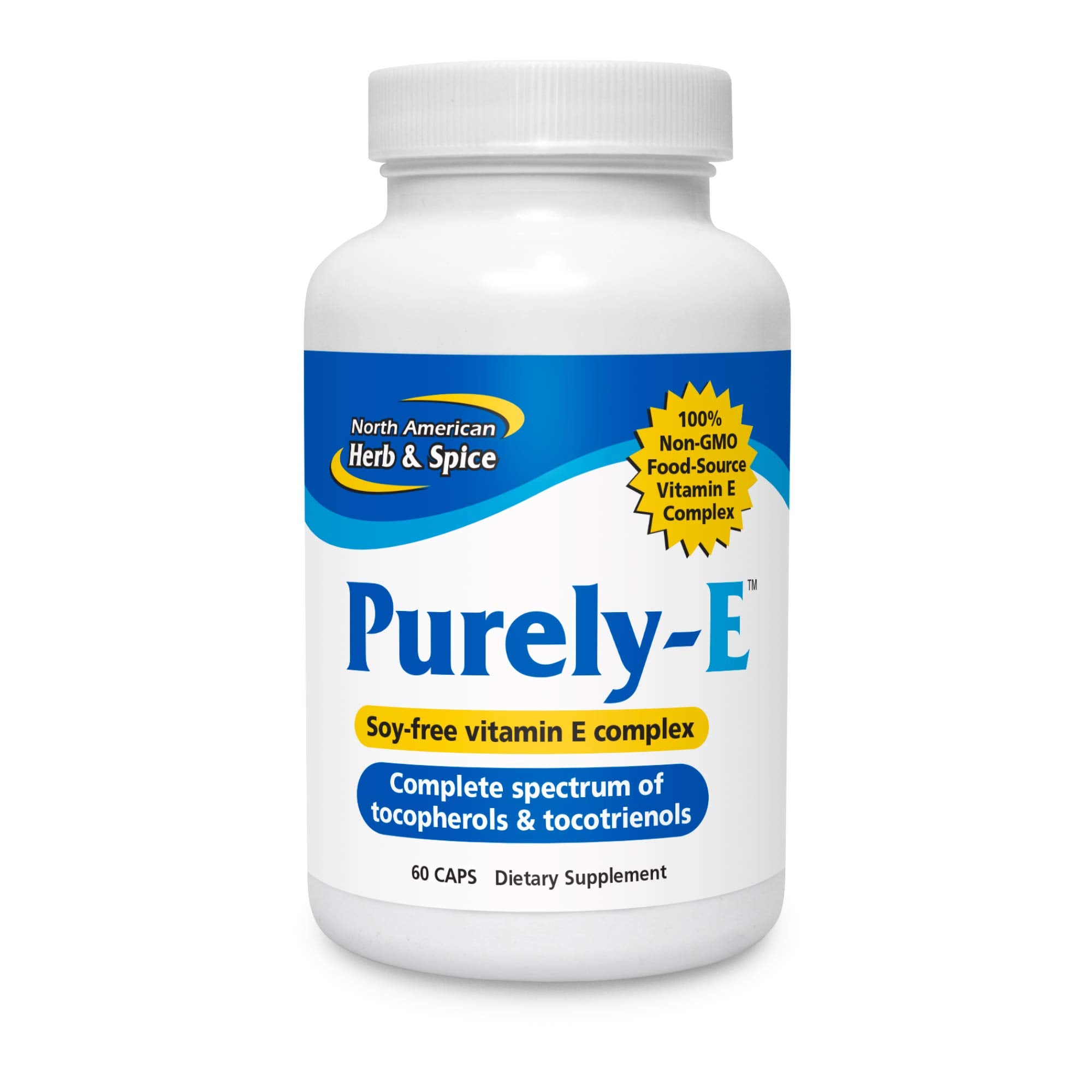 North American Herb & Spice Purely-E bottle shows whole-food vitamin E complex for beauty support.