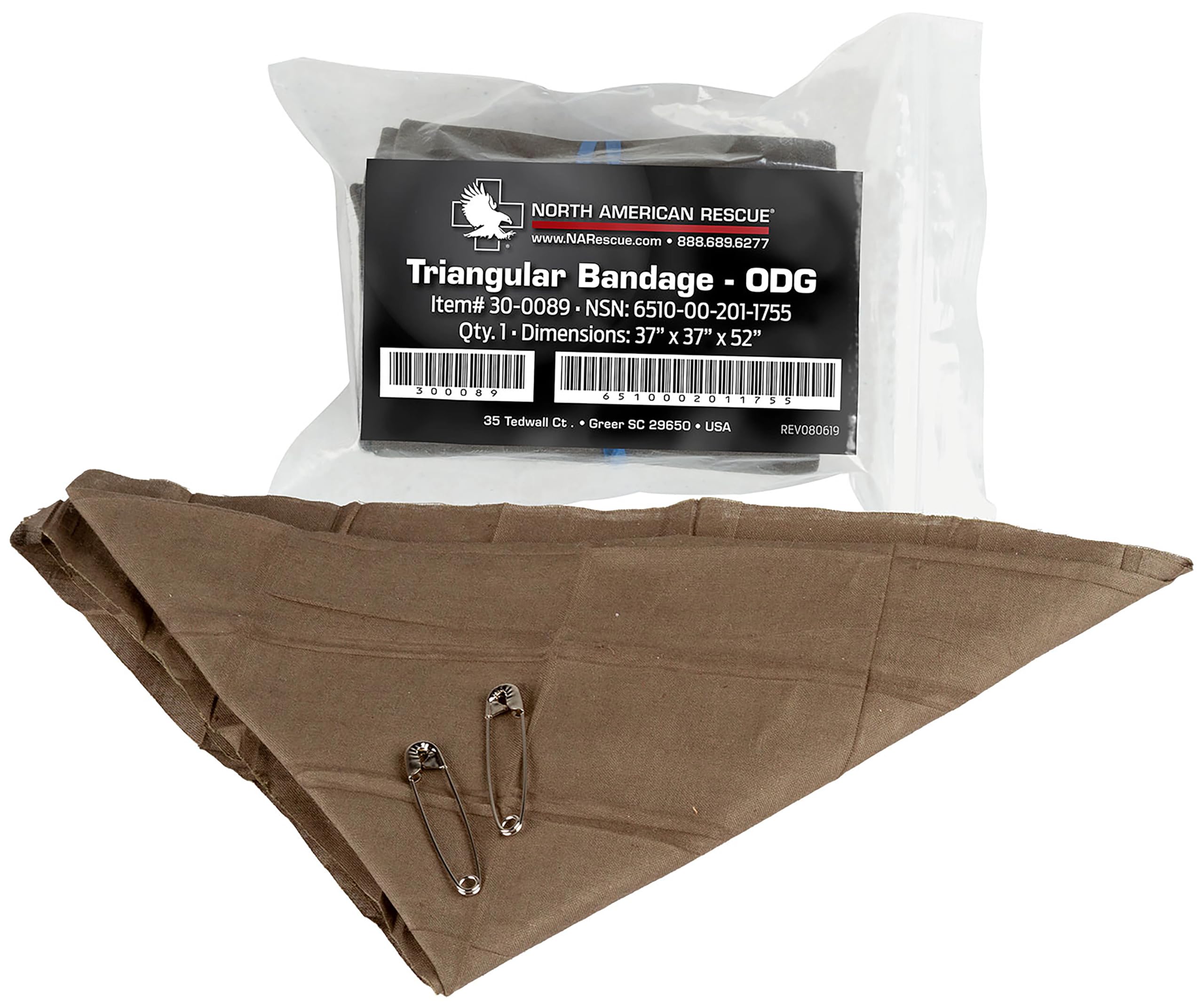 North American Rescue vendaje triangular de algodón para uso rápido y cómodo.