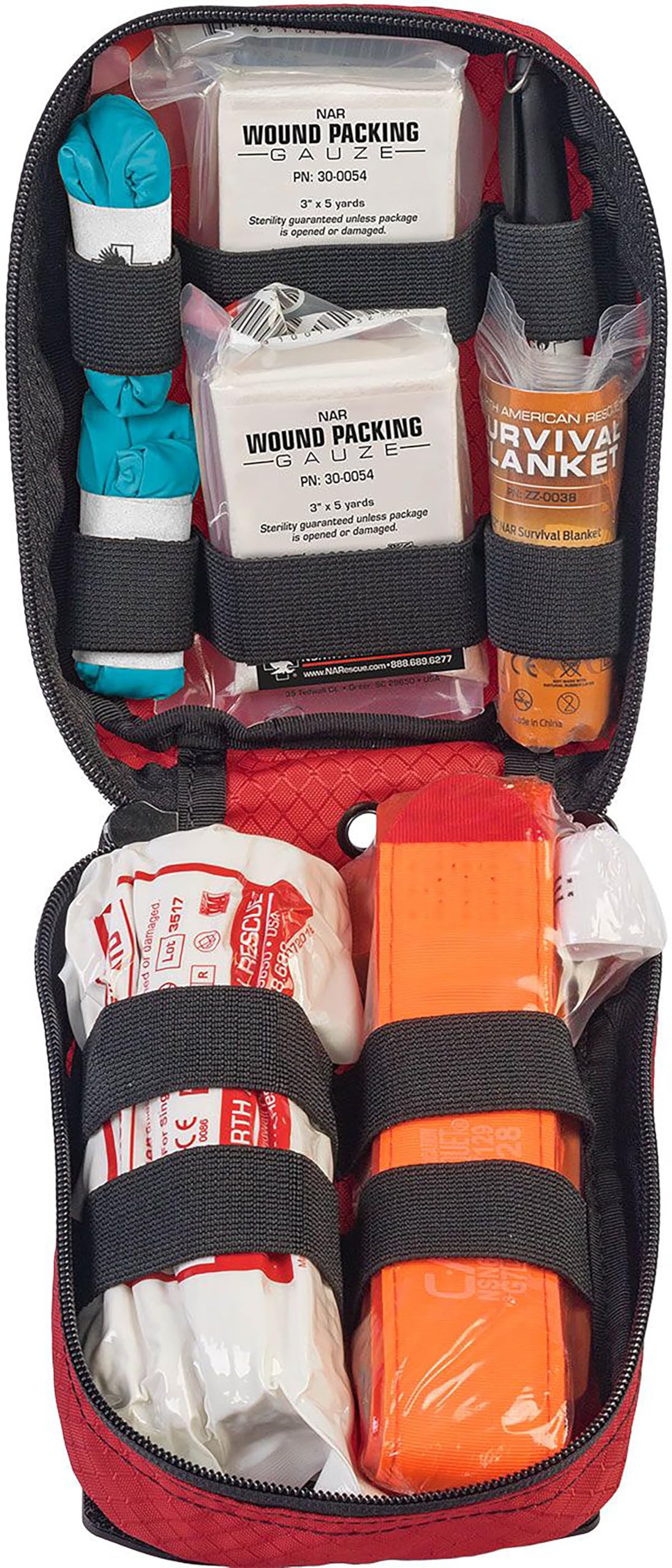 North American Rescue public access bleeding control kit in a red bag for quick emergency response