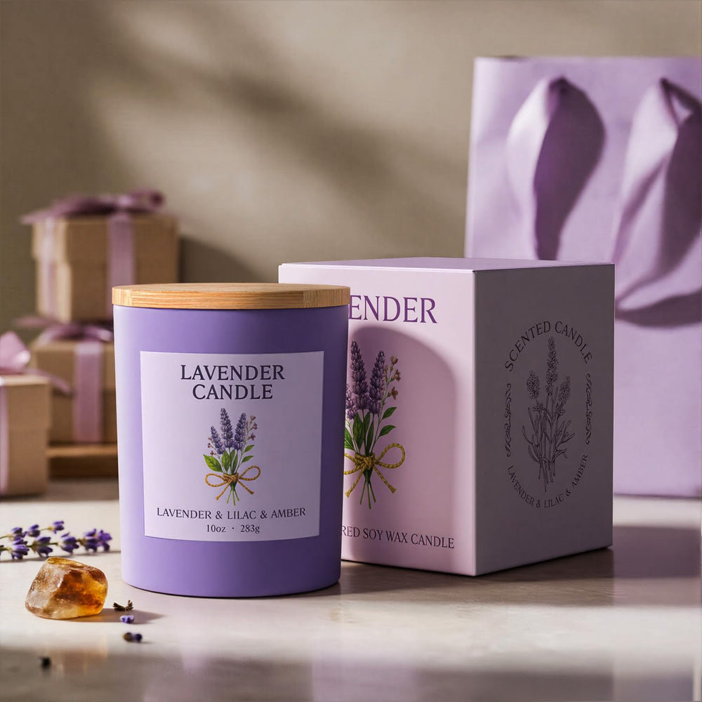 A NORVENCE lavender candle enhances relaxation in a living room setting.