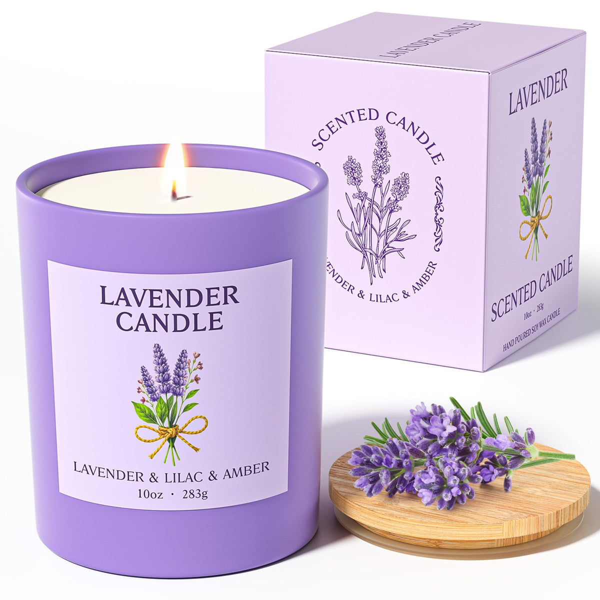 NORVENCE lavender candle in a purple glass jar creates a calming home atmosphere.