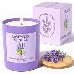 NORVENCE lavender candle in a purple glass jar creates a calming home atmosphere.