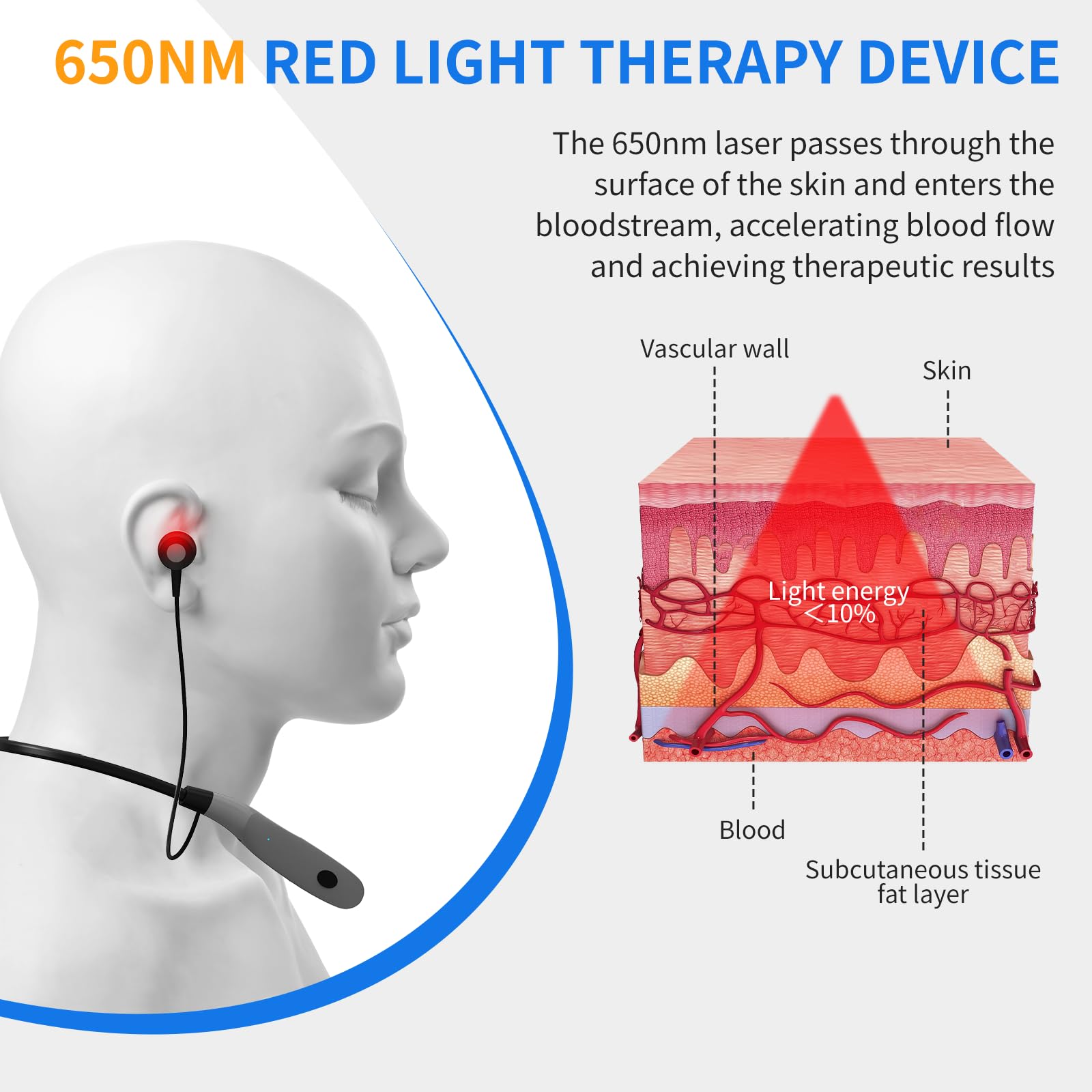 Red light therapy feature on the 2-in-1 device for gentle ear comfort.