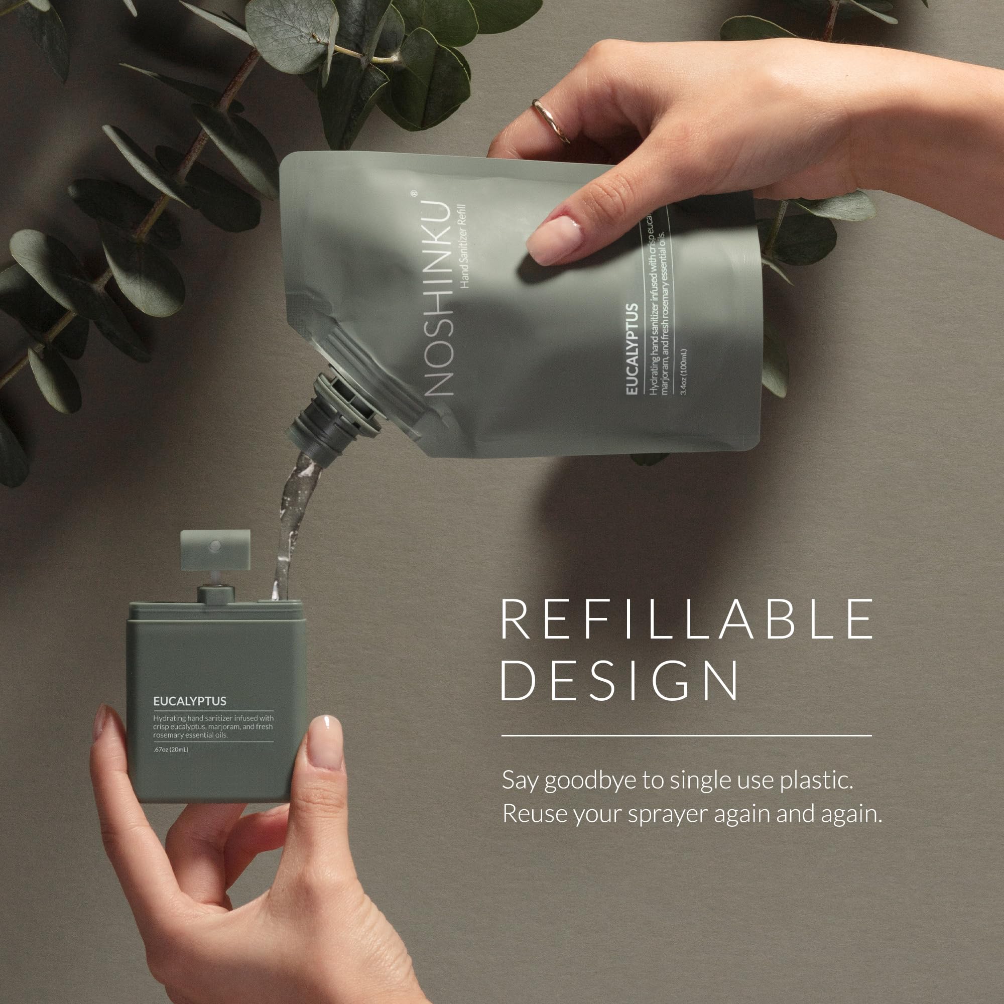 Noshinku eucalyptus refillable sanitizer pack back view showing refill system.