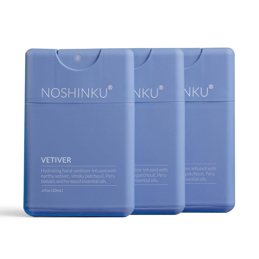 Noshinku refillable vetiver sanitizer pack 3: eco-friendly travel companion reduces plastic waste.