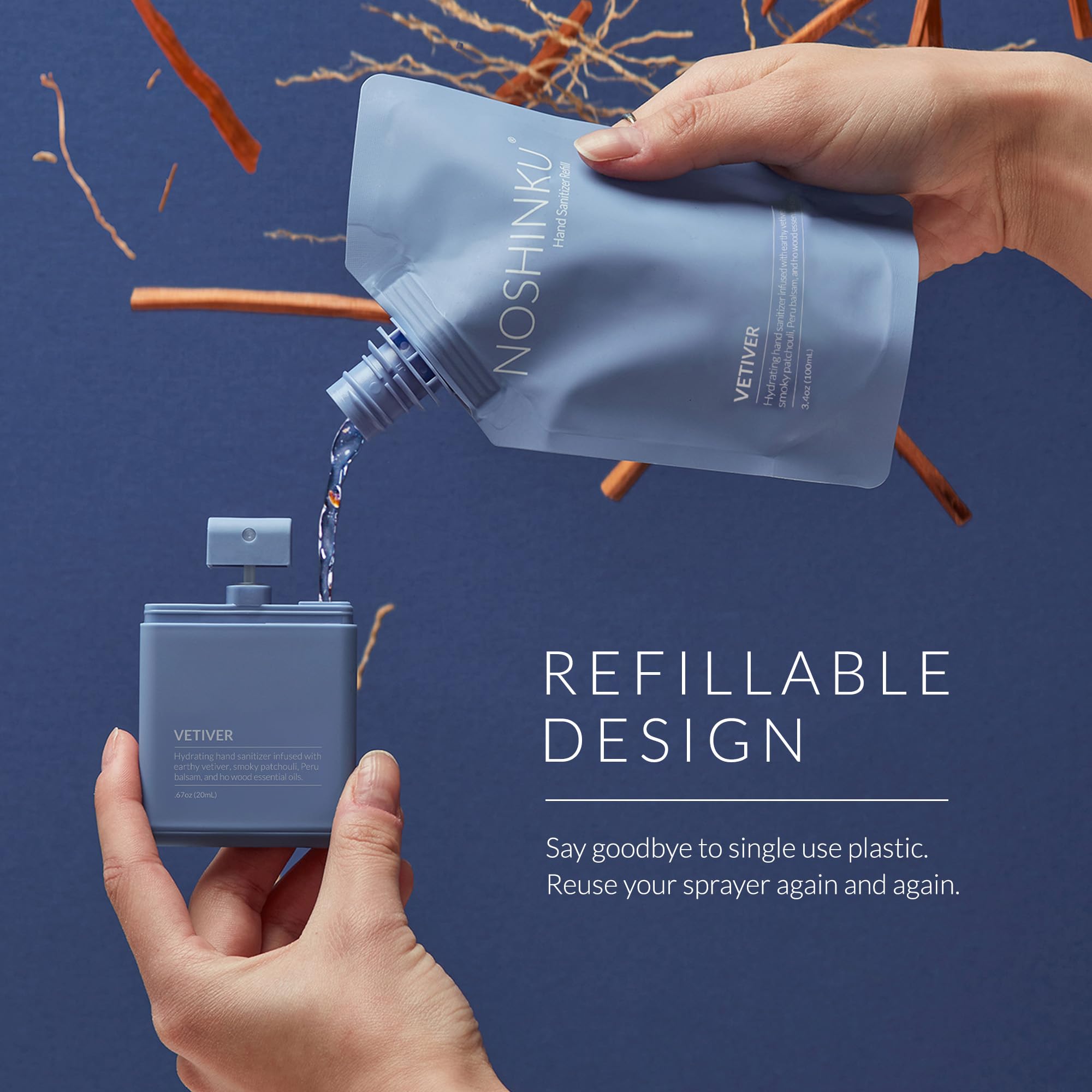 Noshinku travel-size sanitizer spray: compact bottle for on-the-go disinfection and skin moisturization.