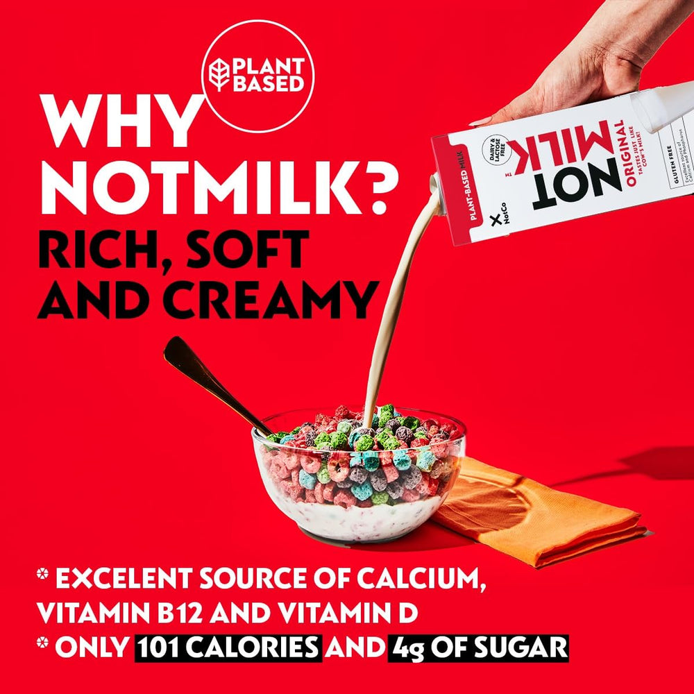 NotMilk Original pour into a glass shows creamy texture for dairy-free coffee or cereal.