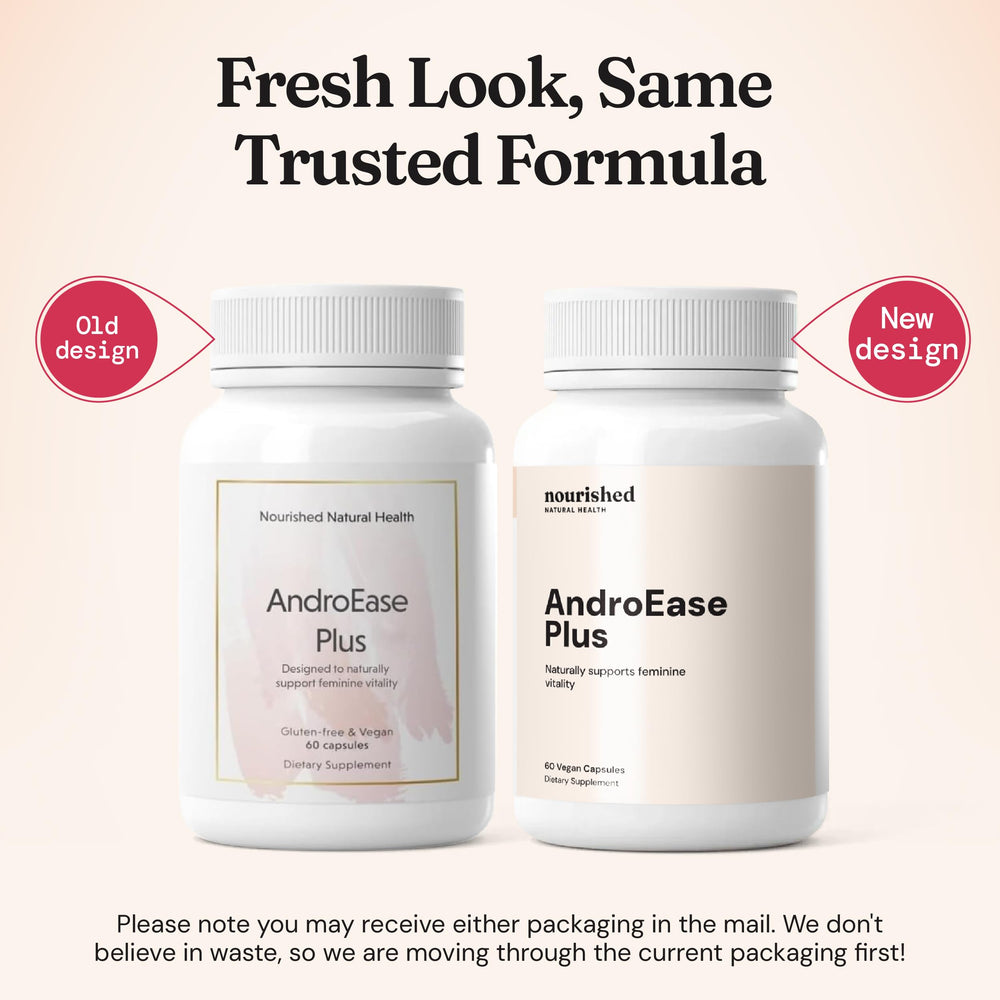 Nourished AndroEase Plus bottle back shows ingredients and guidance