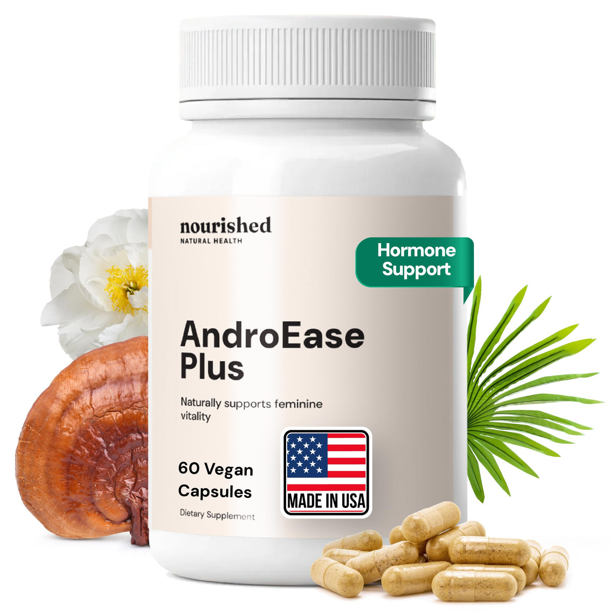 Nourished AndroEase Plus bottle front with vegan capsules for daily balance