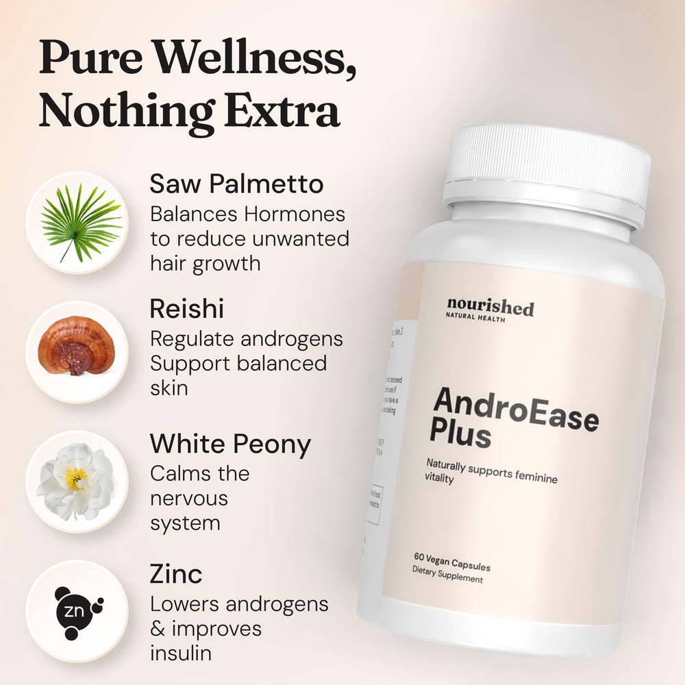 Nourished AndroEase Plus bottle with green tea imagery and energy hint