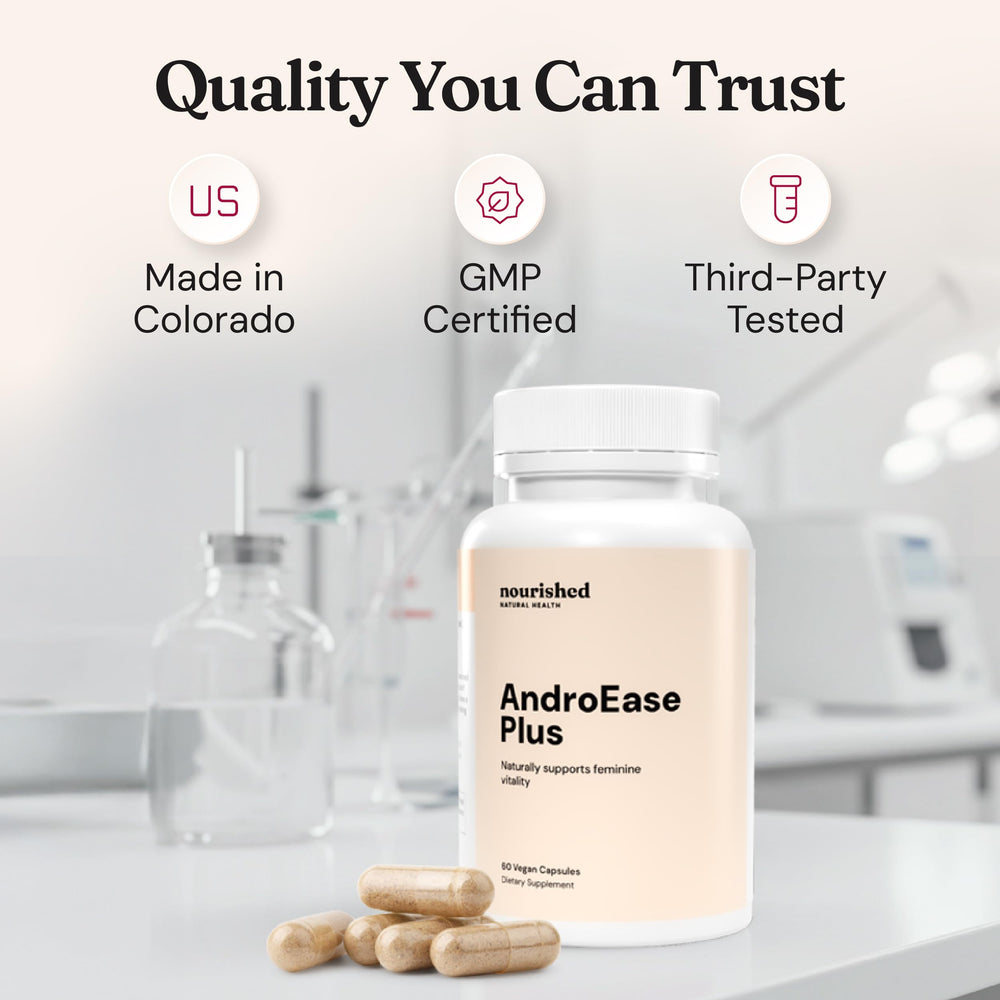 Nourished AndroEase Plus jar showing zinc and saw palmetto components