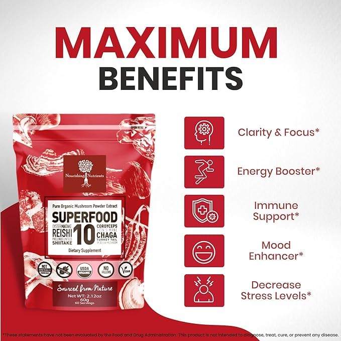 Nourishing Nutrients 10-mushroom blend powder closeup for smoothies and benefits.