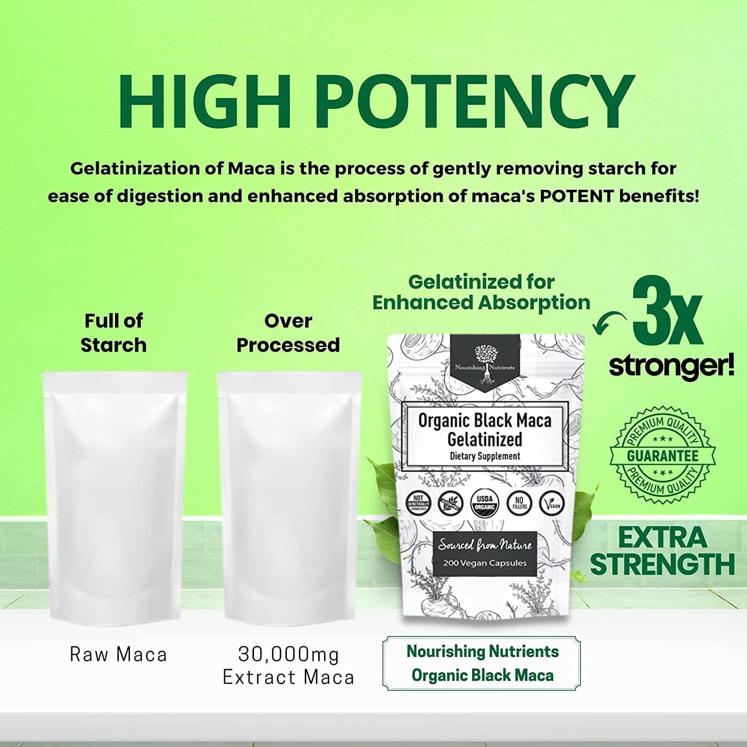 Nourishing Nutrients Black Maca label indicating gelatinized extraction for better absorption.