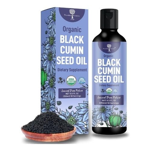 Nourishing Nutrients black seed oil bottle with premium cold-pressed details for daily antioxidant support.