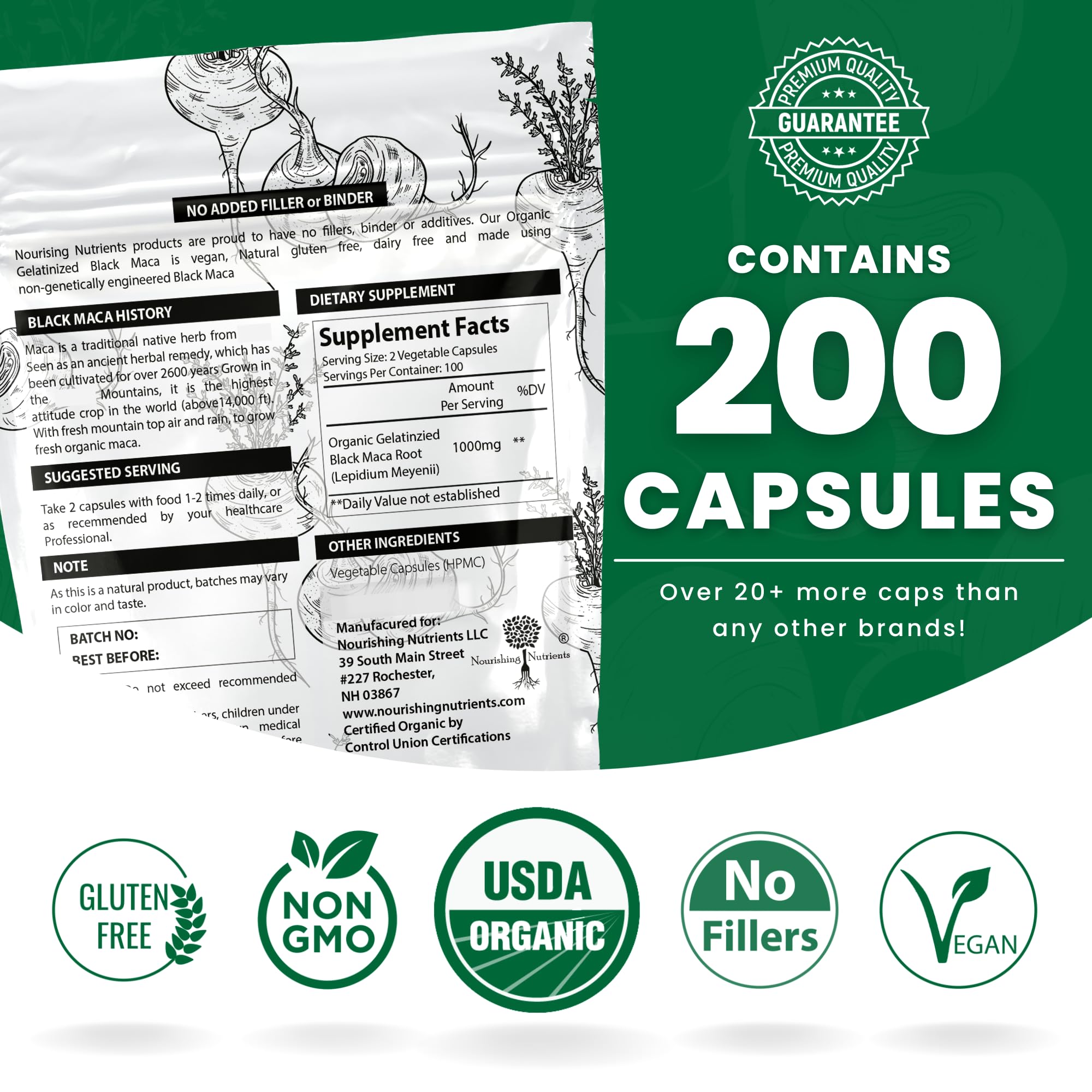 Nourishing Nutrients Maca ingredients table highlighting minerals and amino acids for daily nutrition.
