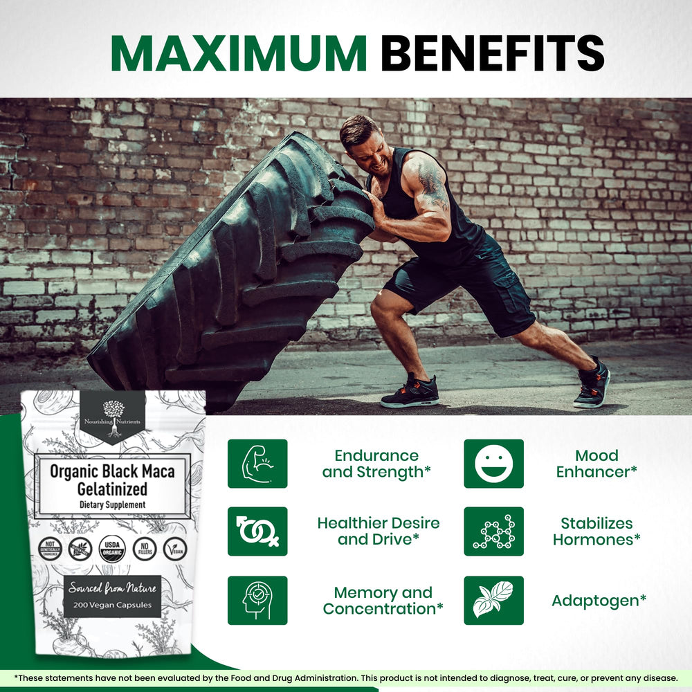 Nourishing Nutrients Organic Gelatinized Black Maca capsules close-up for focused daily performance.