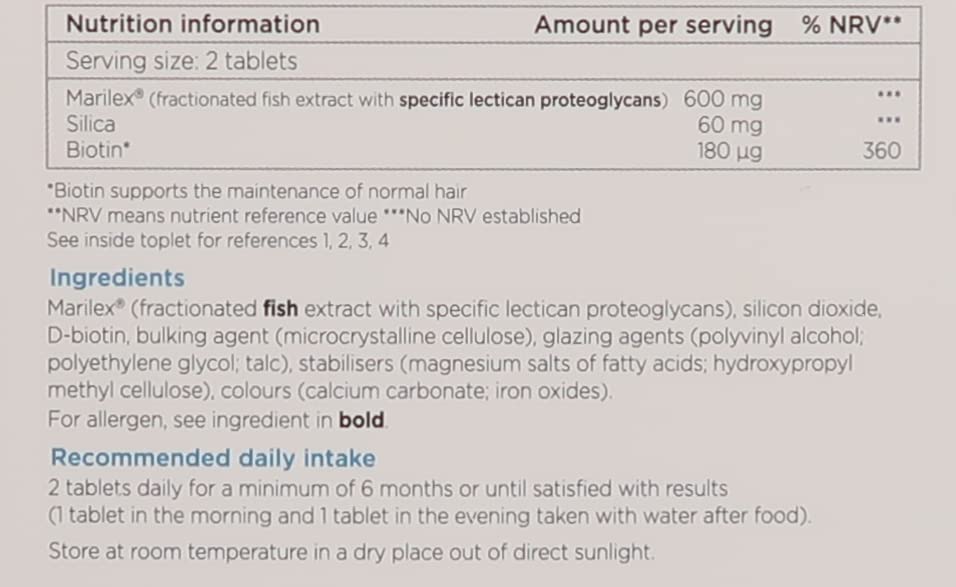 Nourkrin Woman label detail highlights biotin and silica for hair wellness.