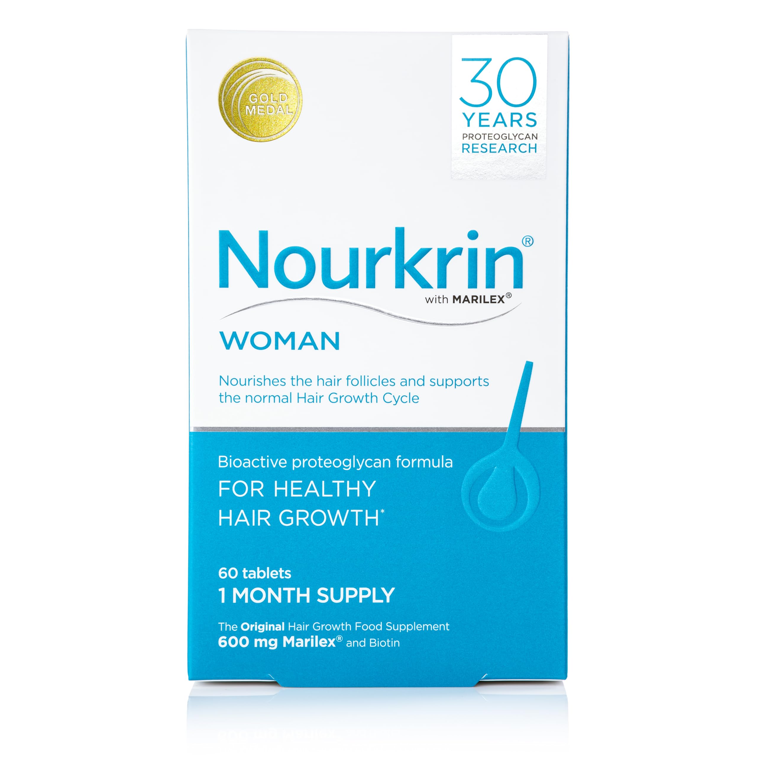 Nourkrin Woman bottle closeup highlighting Marilex for daily hair care.