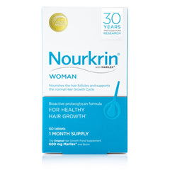 Nourkrin Woman bottle closeup highlighting Marilex for daily hair care.