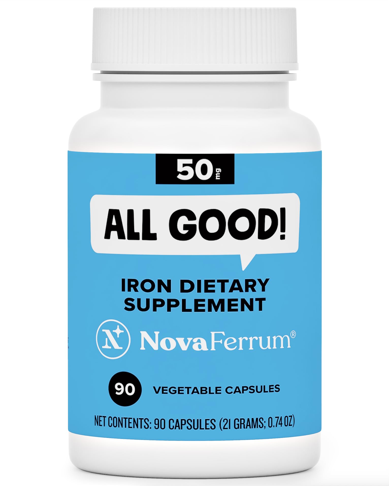 NovaFerrum All Good bottle front with 50 mg iron capsules for adults