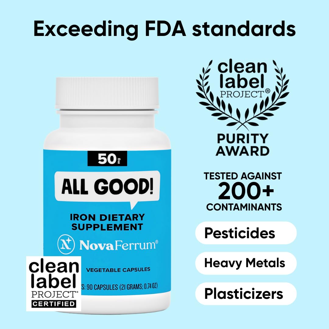 NovaFerrum All Good capsules close-up highlighting sugar-free and vegan features