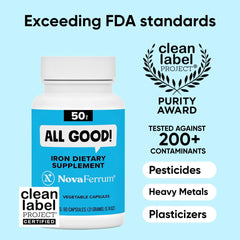 NovaFerrum All Good capsules close-up highlighting sugar-free and vegan features