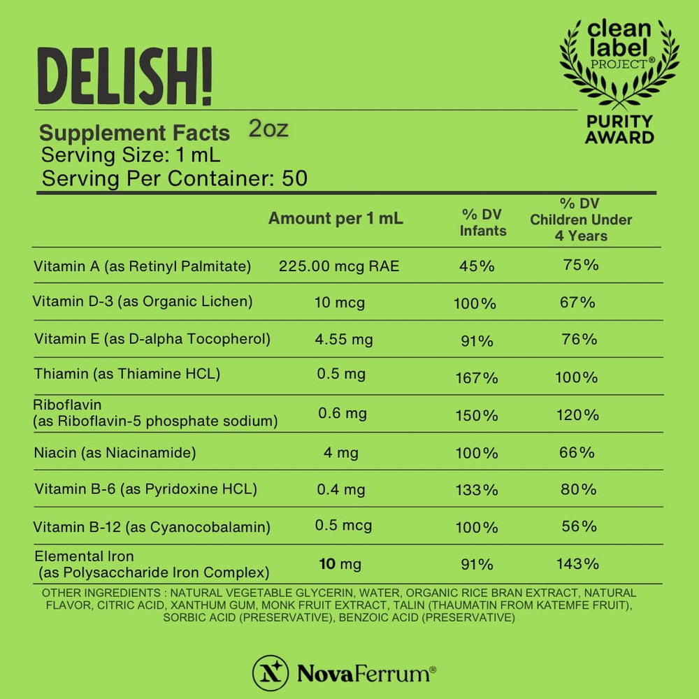 NovaFerrum Delish label front highlights vegan, gluten-free goodness.