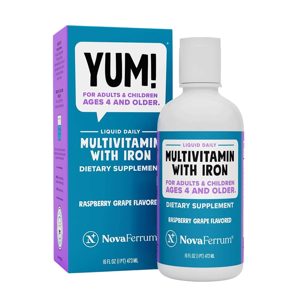 NovaFerrum Yum 16oz bottle front supports kids' daily nutrition with gluten-free, sugar-free formula.